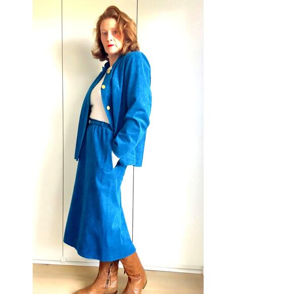 Vintage 80s Ultra Suede Womens Suit Blue Union Made Skirt/Blazer Set Size Large - Picture 1 of 13